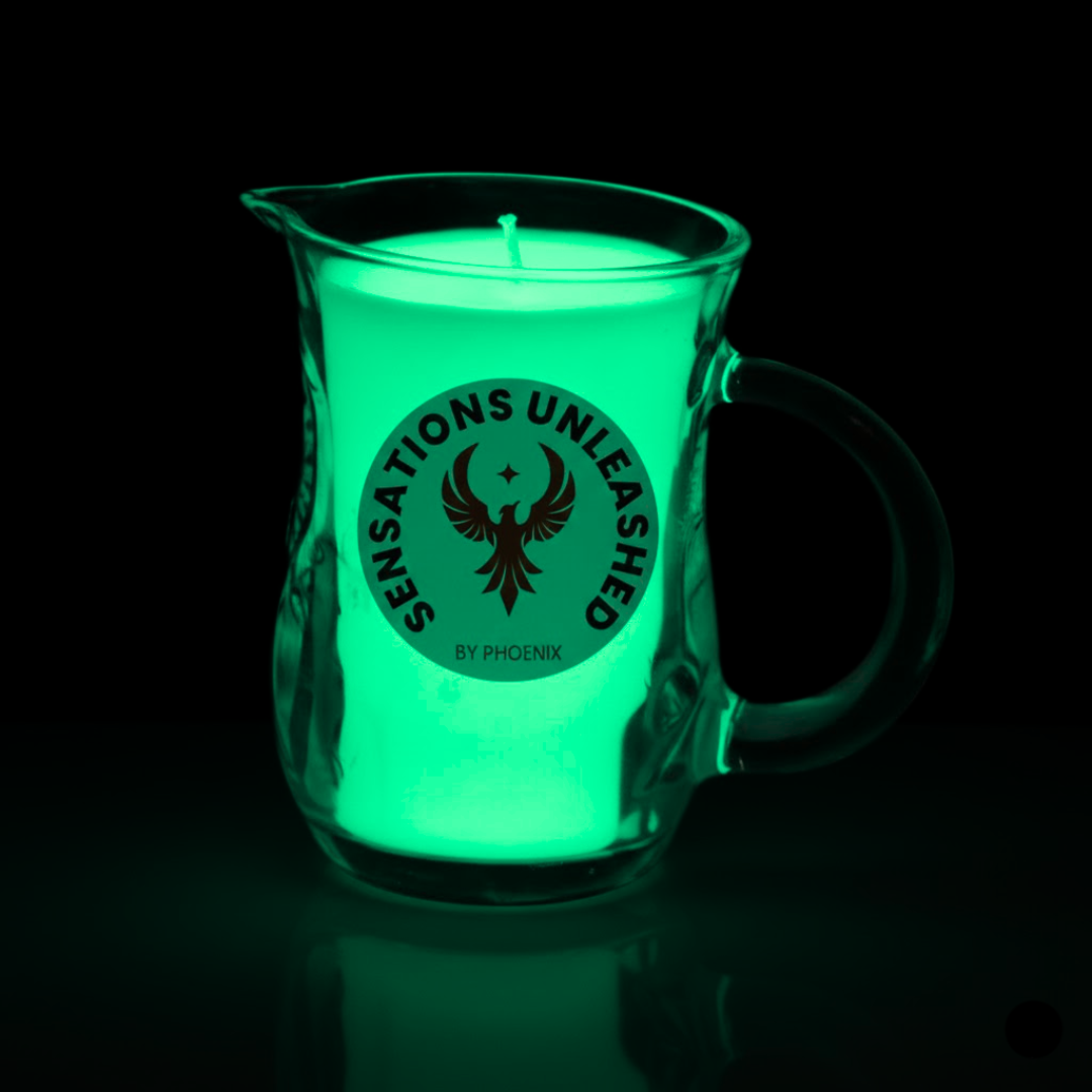 Glowing green glass jar candle with handle with 'Sensations Unleashed by Phoenix' logo on a black background
Sensations Unleashed BDSM Glow in the Dark Wax Play Glass Jar Candle with Handle In India